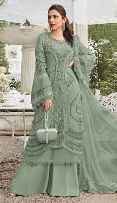 Green georgette suit with embroidery sequin & moti  1