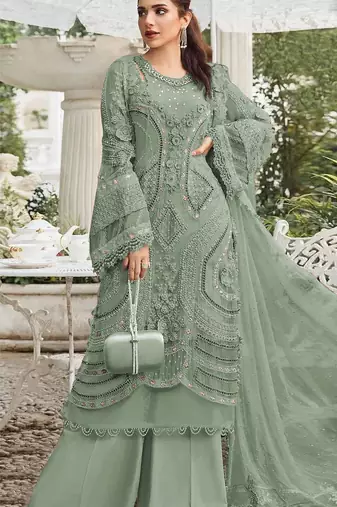 Green georgette semi stitched suit with embroidery sequence & moti work