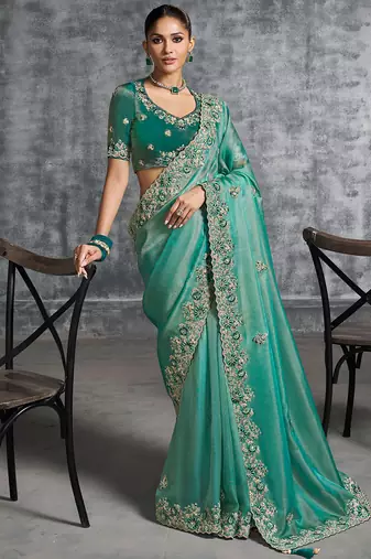 Rama green premium tissue zari resham thread embroidery with pearls, mirror work stone work saree with blouse