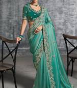 Rama green premium tissue zari resham thread embroidery with pearls, mirror work stone work saree with blouse