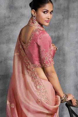 Pink premium tissue zari resham thread embroidery with pearls, mirror work stone work saree with blouse 3