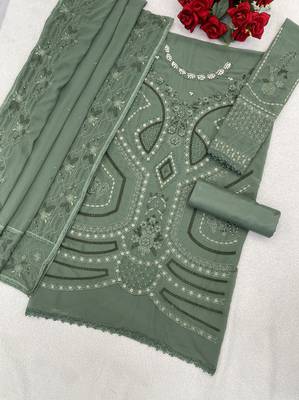 Green georgette suit with embroidery sequin & moti  2
