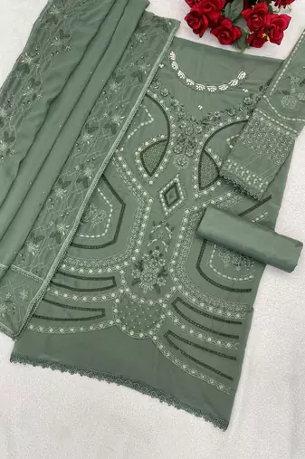 Green georgette suit with embroidery sequin & moti 
