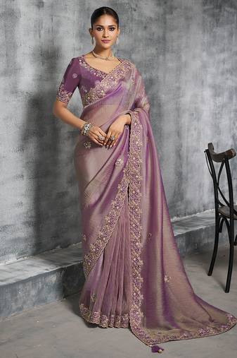 Purple premium tissue zari resham thread embroidery with pearls, mirror work stone work saree with blouse