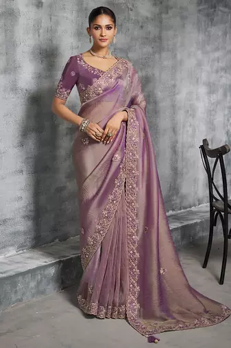 Purple premium tissue zari resham thread embroidery with pearls, mirror work stone work saree with blouse