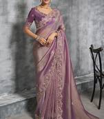 Purple premium tissue zari resham thread embroidery with pearls, mirror work stone work saree with blouse
