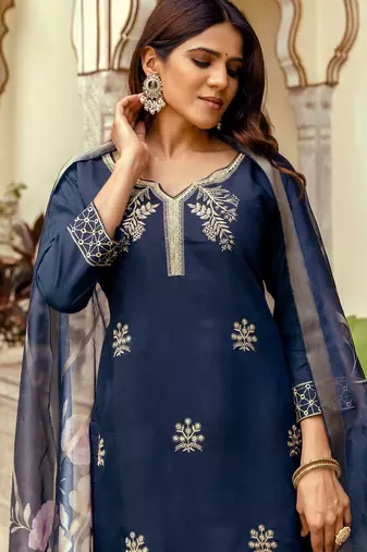 Navy blue color beautiful viscosee chanderi graceful ceremonial kurti set