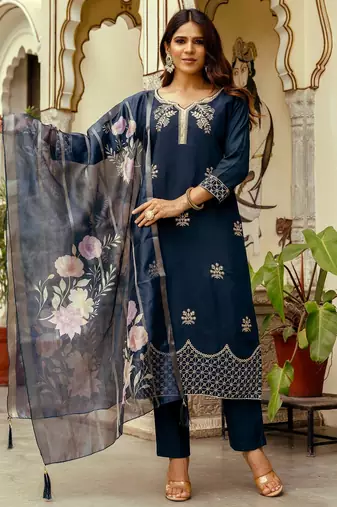 Navy blue color beautiful viscosee chanderi graceful ceremonial kurti set
