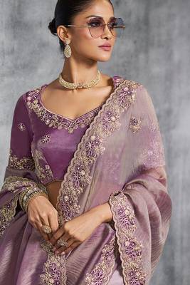 Purple premium tissue zari resham thread embroidery with pearls, mirror work stone work saree with blouse 2