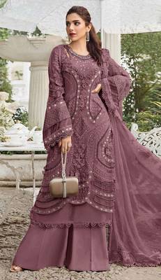 Purple georgette suit with embroidery sequin & moti  1