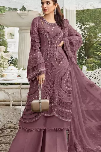 Purple georgette semi stitched suit with embroidery sequence & moti work