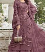 Purple georgette semi stitched suit with embroidery sequence & moti work