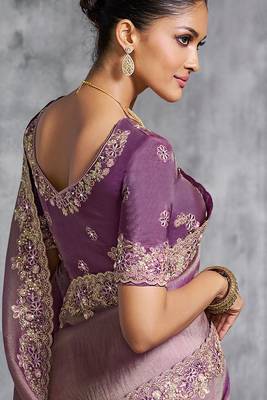 Purple premium tissue zari resham thread embroidery with pearls, mirror work stone work saree with blouse 3