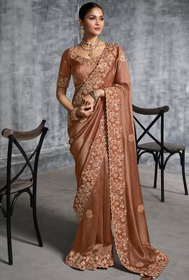 Brown premium tissue zari resham thread embroidery with pearls, mirror work stone work saree with blouse 1
