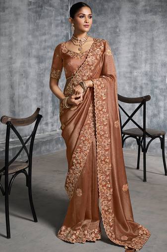 Brown premium tissue zari resham thread embroidery with pearls, mirror work stone work saree with blouse