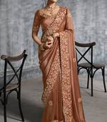 Brown premium tissue zari resham thread embroidery with pearls, mirror work stone work saree with blouse