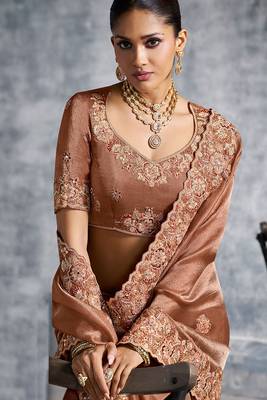 Brown premium tissue zari resham thread embroidery with pearls, mirror work stone work saree with blouse 2