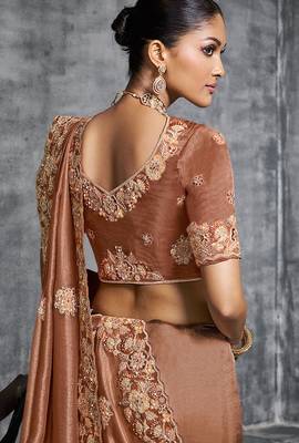 Brown premium tissue zari resham thread embroidery with pearls, mirror work stone work saree with blouse 3