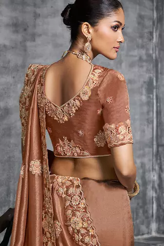 Brown premium tissue zari resham thread embroidery with pearls, mirror work stone work saree with blouse