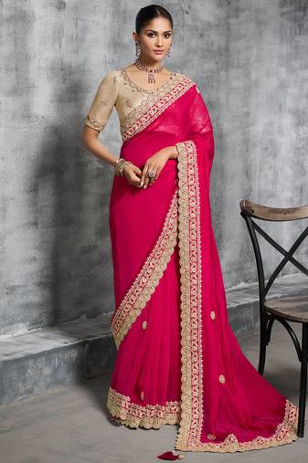 Rani pink premium tissue zari resham thread embroidery with pearls, mirror work stone work saree with blouse