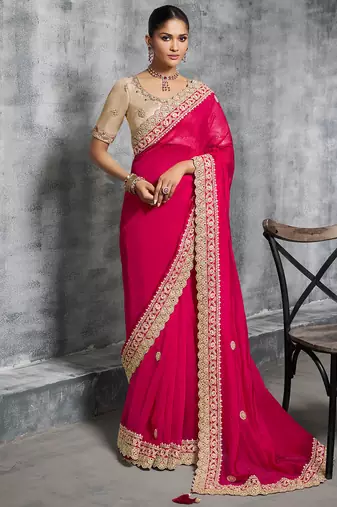 Rani pink premium tissue zari resham thread embroidery with pearls, mirror work stone work saree with blouse