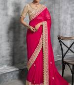 Rani pink premium tissue zari resham thread embroidery with pearls, mirror work stone work saree with blouse