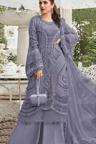 Blue georgette semi stitched suit with embroidery sequence & moti work