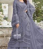 Blue georgette semi stitched suit with embroidery sequence & moti work
