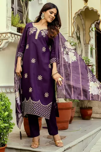 Wine color beautiful viscosee chanderi graceful ceremonial kurti set
