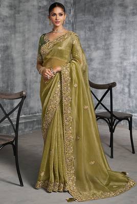 Mehendi premium tissue zari resham thread embroidery with pearls, mirror work stone work saree with blouse 1