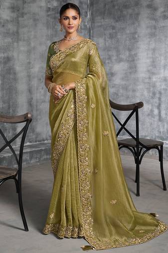 Mehendi premium tissue zari resham thread embroidery with pearls, mirror work stone work saree with blouse