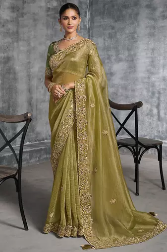 Mehendi premium tissue zari resham thread embroidery with pearls, mirror work stone work saree with blouse