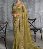 Mehendi premium tissue zari resham thread embroidery with pearls, mirror work stone work saree with blouse
