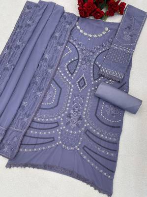 Blue georgette suit with embroidery sequin & moti  2