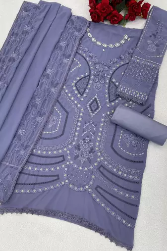 Blue georgette suit with embroidery sequin & moti 