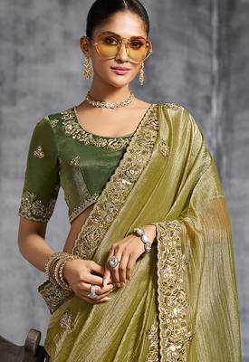 Mehendi premium tissue zari resham thread embroidery with pearls, mirror work stone work saree with blouse 2
