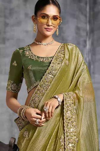 Mehendi premium tissue zari resham thread embroidery with pearls, mirror work stone work saree with blouse