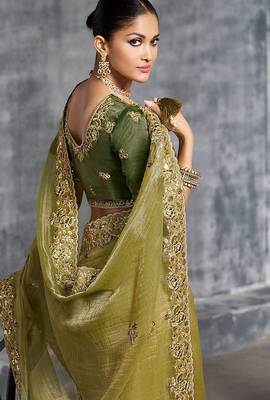 Mehendi premium tissue zari resham thread embroidery with pearls, mirror work stone work saree with blouse 3