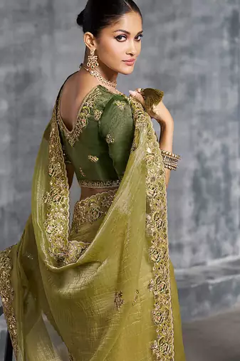 Mehendi premium tissue zari resham thread embroidery with pearls, mirror work stone work saree with blouse