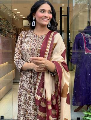 Cream color beautiful megic cotton graceful ceremonial kurti set 3