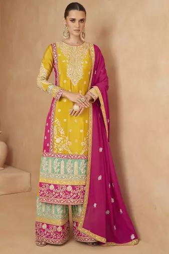 Yellow chinon semi stitched suit with embroidery codding sequence work