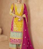 Yellow chinon semi stitched suit with embroidery codding sequence work