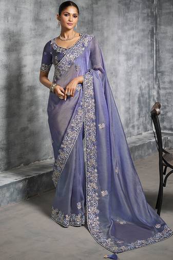 Blue premium tissue zari resham thread embroidery with pearls, mirror work stone work saree with blouse