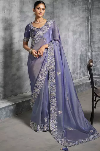 Blue premium tissue zari resham thread embroidery with pearls, mirror work stone work saree with blouse