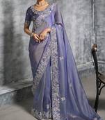 Blue premium tissue zari resham thread embroidery with pearls, mirror work stone work saree with blouse