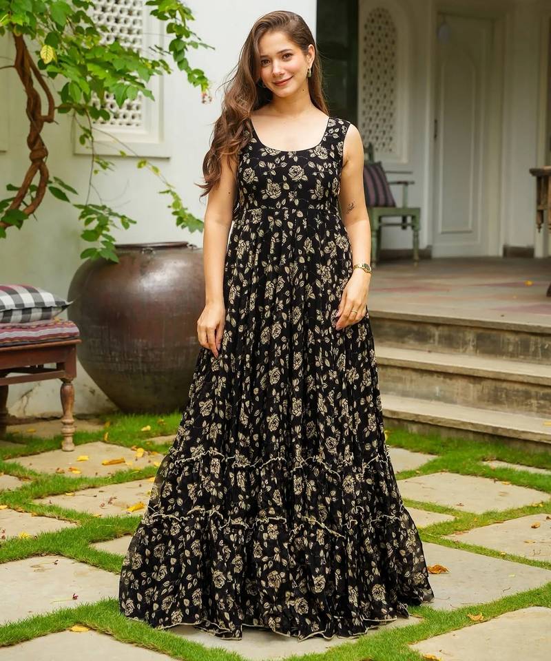 Black color beautiful printed partywear gown for trendy girls