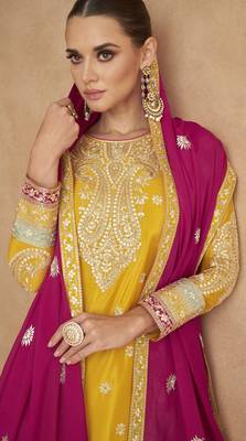 Yellow chinon suit with embroidery codding sequin  2