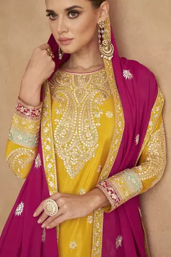Yellow chinon suit with embroidery codding sequin 