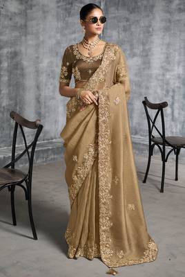 Beige premium tissue zari resham thread embroidery with pearls, mirror work stone work saree with blouse 1