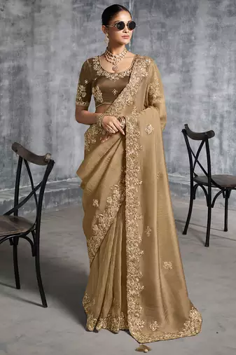Beige premium tissue zari resham thread embroidery with pearls, mirror work stone work saree with blouse